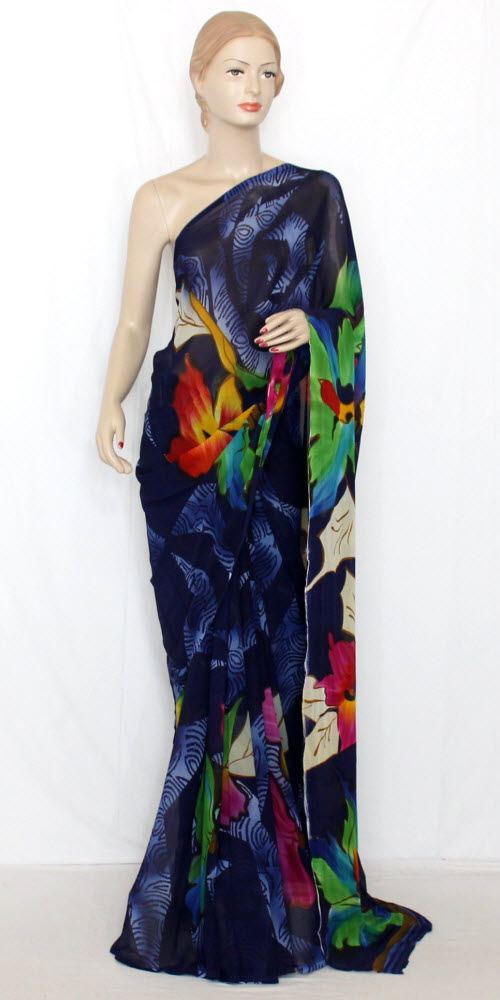 Navy Blue Crepe Art Silk Saree with Blouse