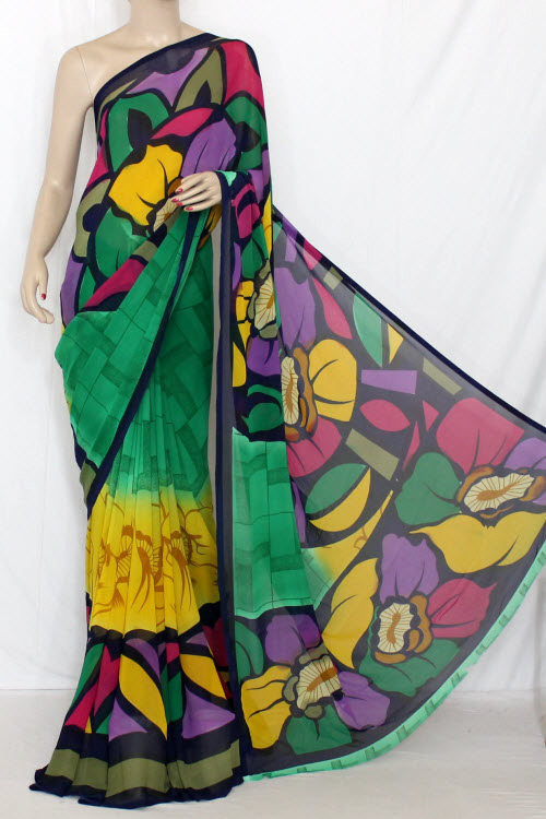 Green-Yellow Crepe Art Silk Saree with Blouse
