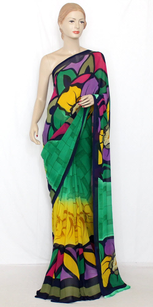 Green-Yellow Crepe Art Silk Saree with Blouse