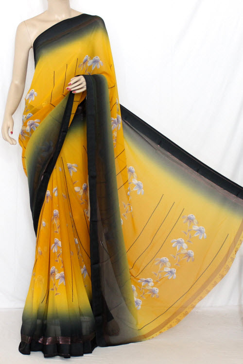 Yellow-Grey Crepe Art Silk Saree with Blouse