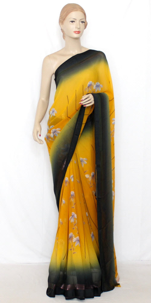 Yellow-Grey Crepe Art Silk Saree with Blouse