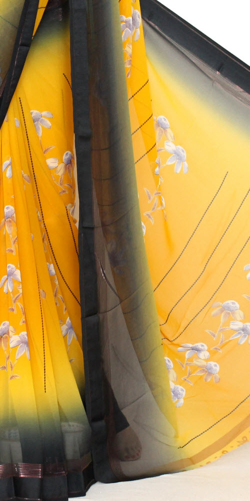 Yellow-Grey Crepe Art Silk Saree with Blouse