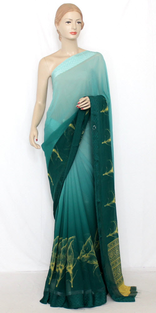 Sea Green Crepe Art Silk Saree with Blouse