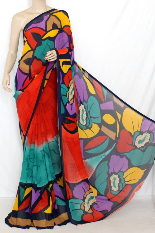 Sea Green-Orange Crepe Art Silk Saree with Blouse