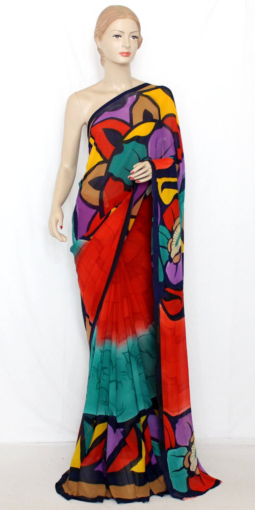 Sea Green-Orange Crepe Art Silk Saree with Blouse