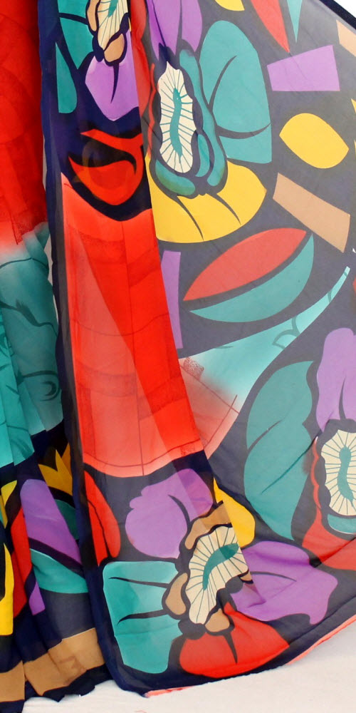 Sea Green-Orange Crepe Art Silk Saree with Blouse