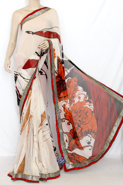 Brown-Cream Printed Art Silk Saree with Blouse