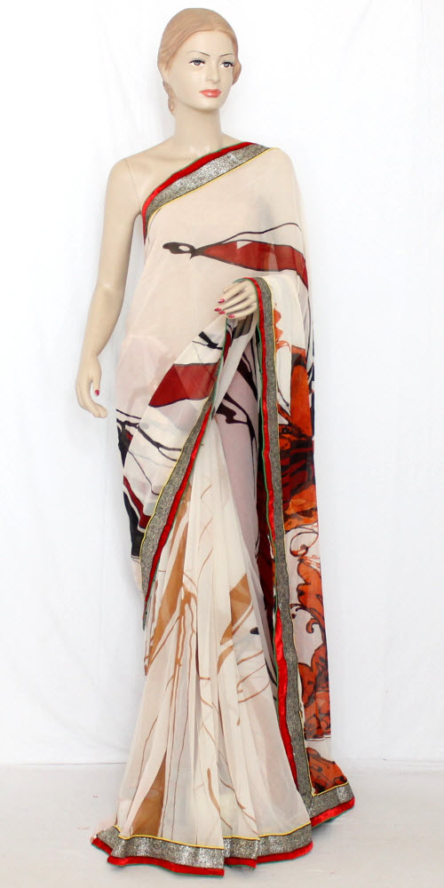 Brown-Cream Printed Art Silk Saree with Blouse