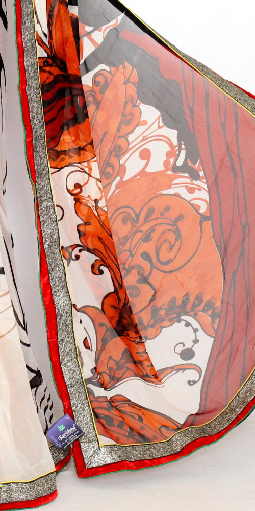 Brown-Cream Printed Art Silk Saree with Blouse