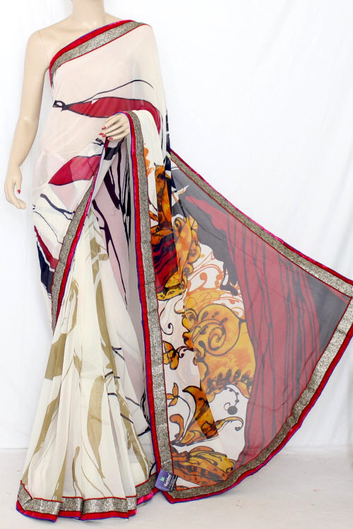 Red-Cream Printed Art Silk Saree with Blouse