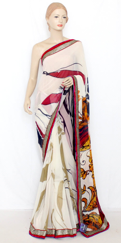 Red-Cream Printed Art Silk Saree with Blouse