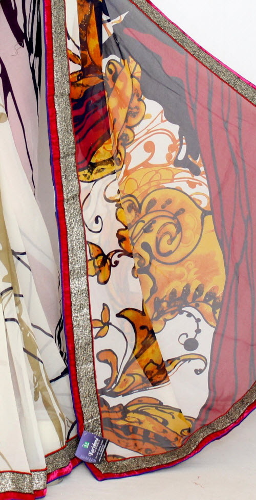 Red-Cream Printed Art Silk Saree with Blouse