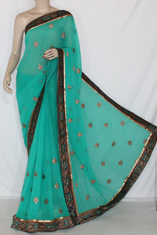 Sea Green Embroidered Georgette Saree with Blouse