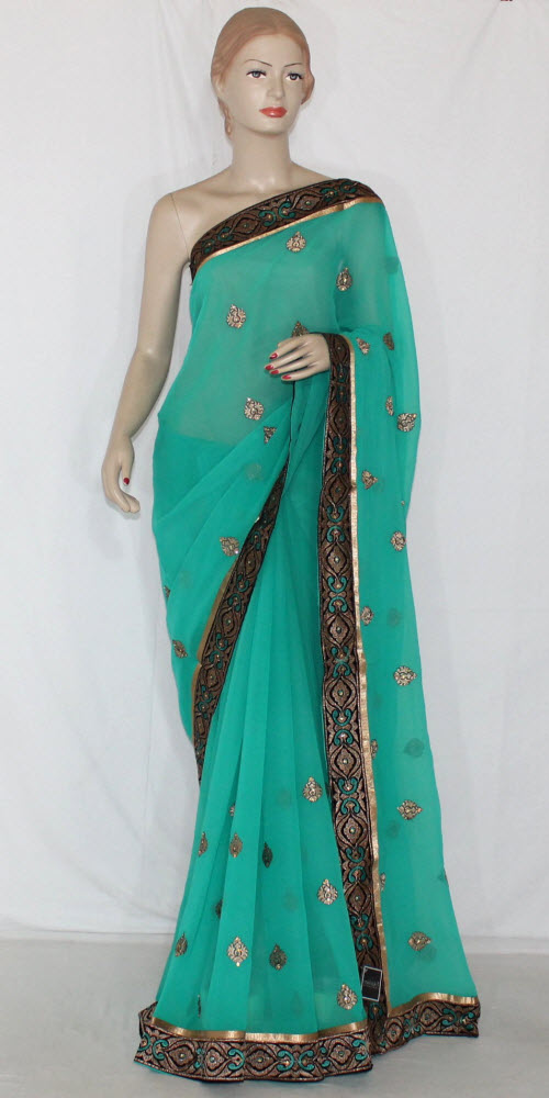 Sea Green Embroidered Georgette Saree with Blouse