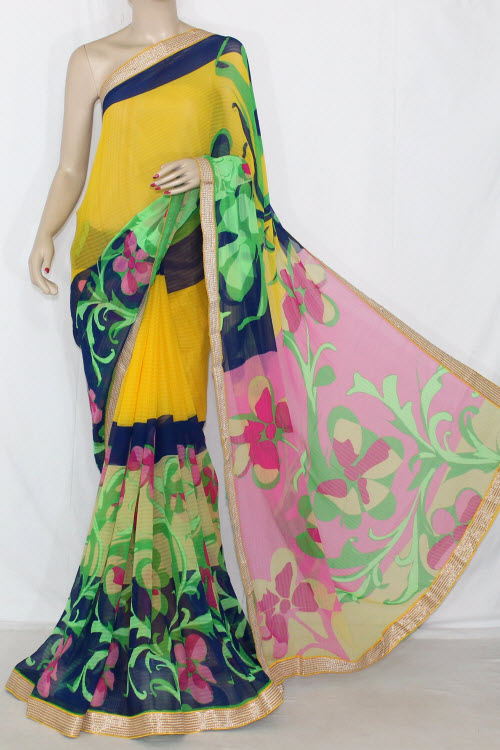 Yellow-Green Printed Georgette Saree with Blouse