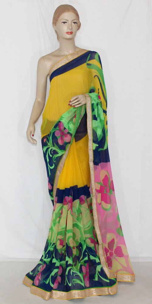 Yellow-Green Printed Georgette Saree with Blouse