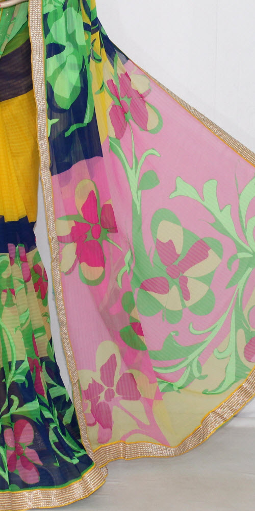 Yellow-Green Printed Georgette Saree with Blouse