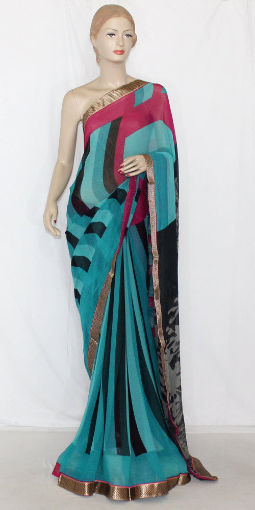 Sea Green Printed Georgette Saree with Blouse