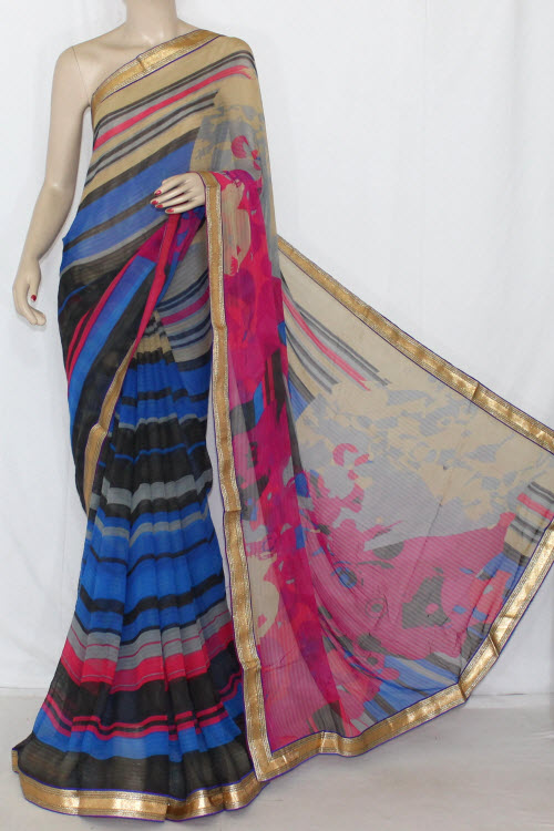 Blue-Black Printed Georgette Saree with Blouse