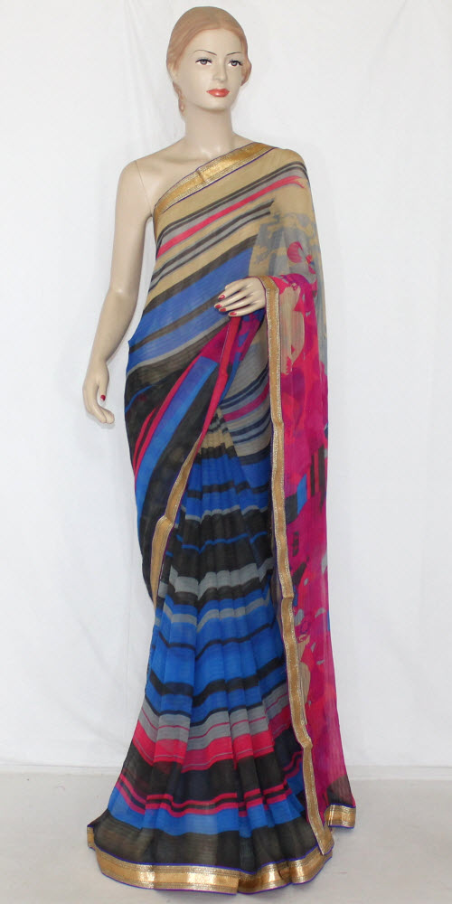 Blue-Black Printed Georgette Saree with Blouse