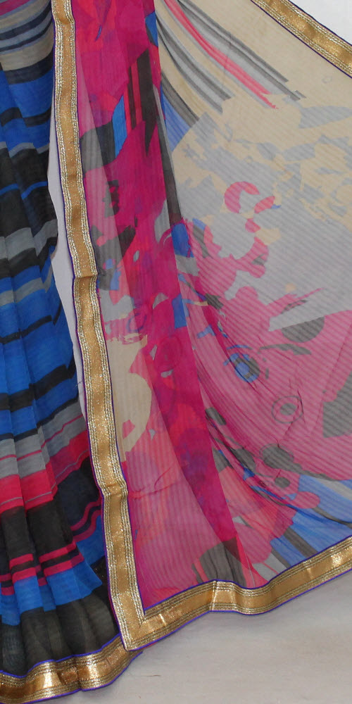 Blue-Black Printed Georgette Saree with Blouse