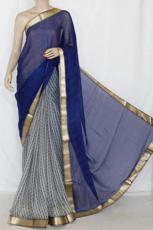 Blue-Grey Half-Half Printed Art Silk Saree with Blouse