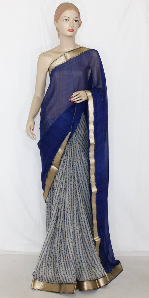 Blue-Grey Half-Half Printed Art Silk Saree with Blouse