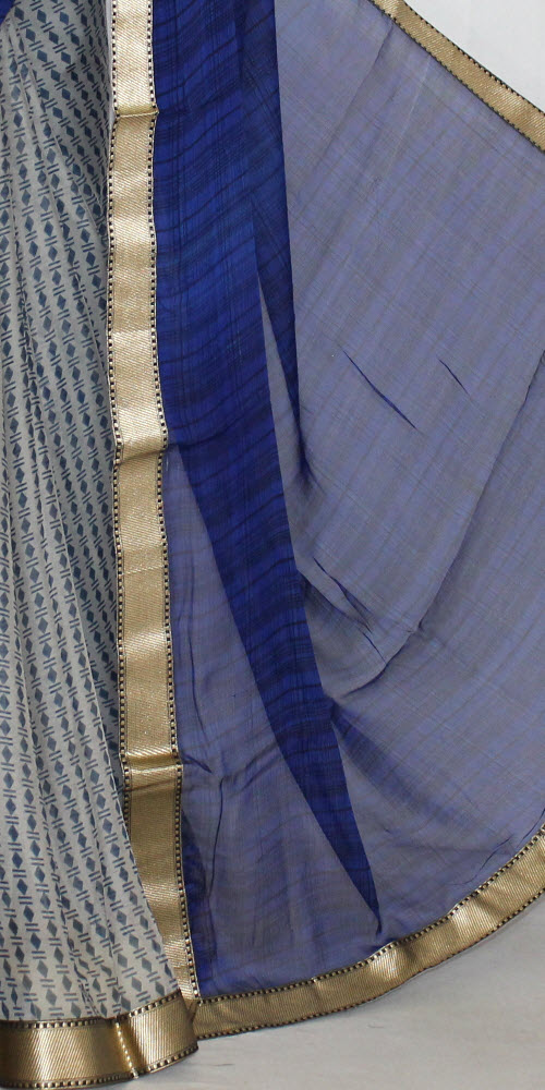 Blue-Grey Half-Half Printed Art Silk Saree with Blouse
