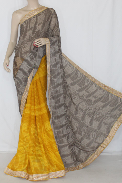 Yellow-Grey Half-Half Printed Saree with Blouse