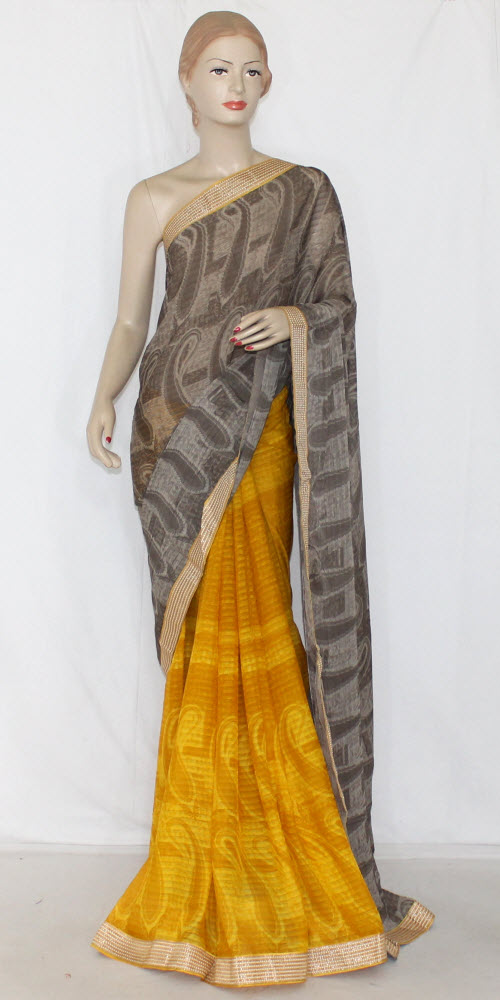 Yellow-Grey Half-Half Printed Saree with Blouse