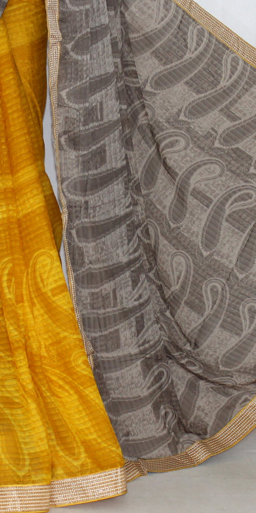 Yellow-Grey Half-Half Printed Saree with Blouse