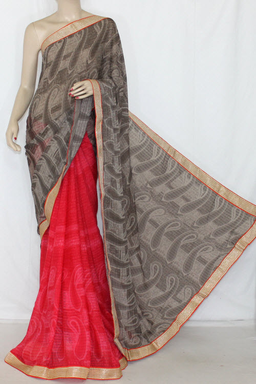 Tomato Red-Grey Half-Half Printed Saree with Blouse
