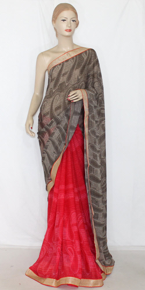 Tomato Red-Grey Half-Half Printed Saree with Blouse