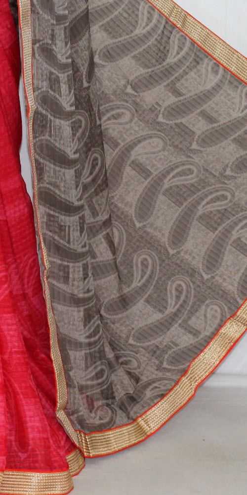 Tomato Red-Grey Half-Half Printed Saree with Blouse