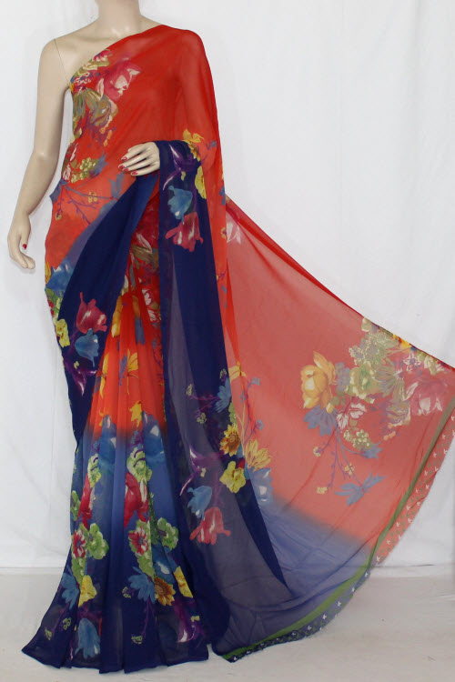 Orange-Blue Wrinkle Free Georgette Saree with Blouse