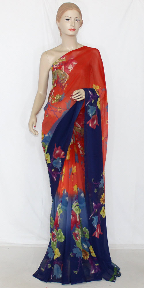 Orange-Blue Wrinkle Free Georgette Saree with Blouse