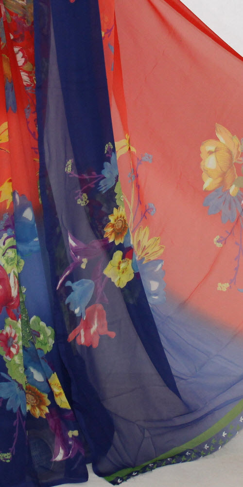 Orange-Blue Wrinkle Free Georgette Saree with Blouse