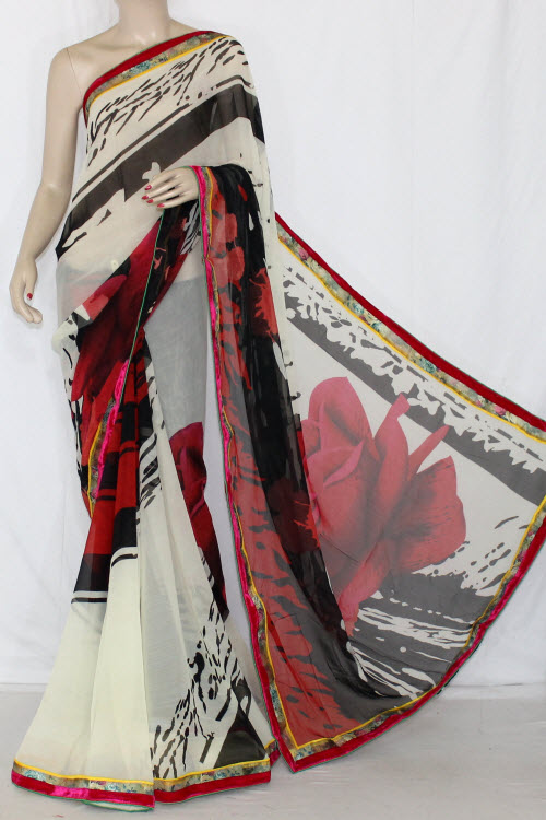 Cream-Red Printed Georgette Saree with Blouse