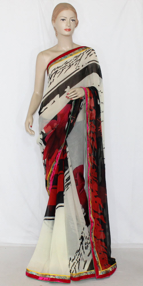 Cream-Red Printed Georgette Saree with Blouse