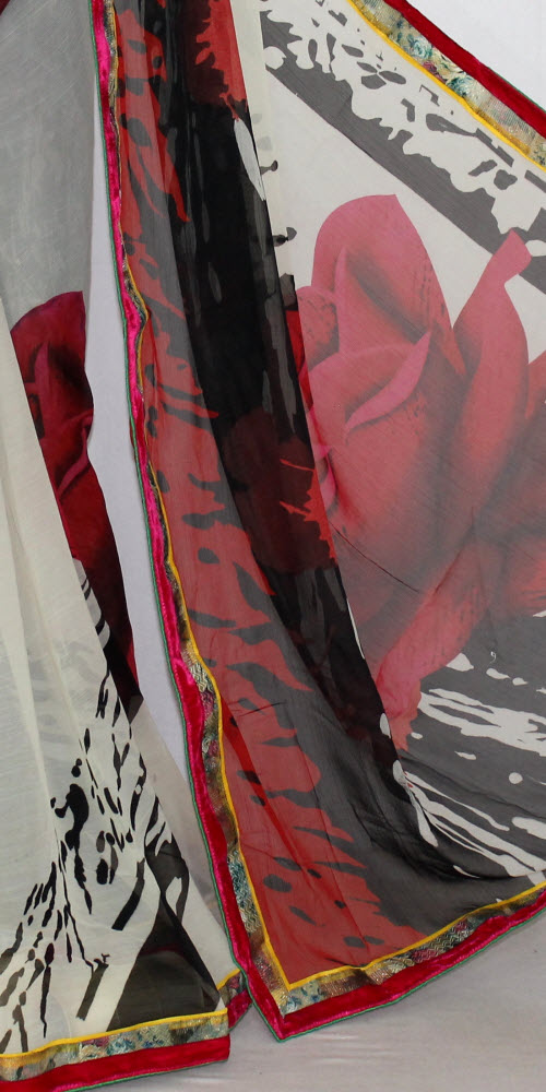 Cream-Red Printed Georgette Saree with Blouse