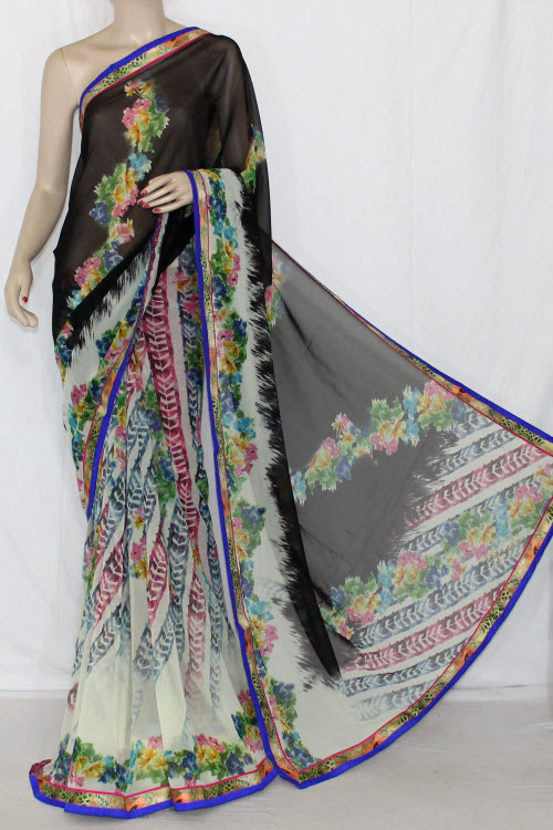 Cream-Black Printed Georgette Saree with Blouse