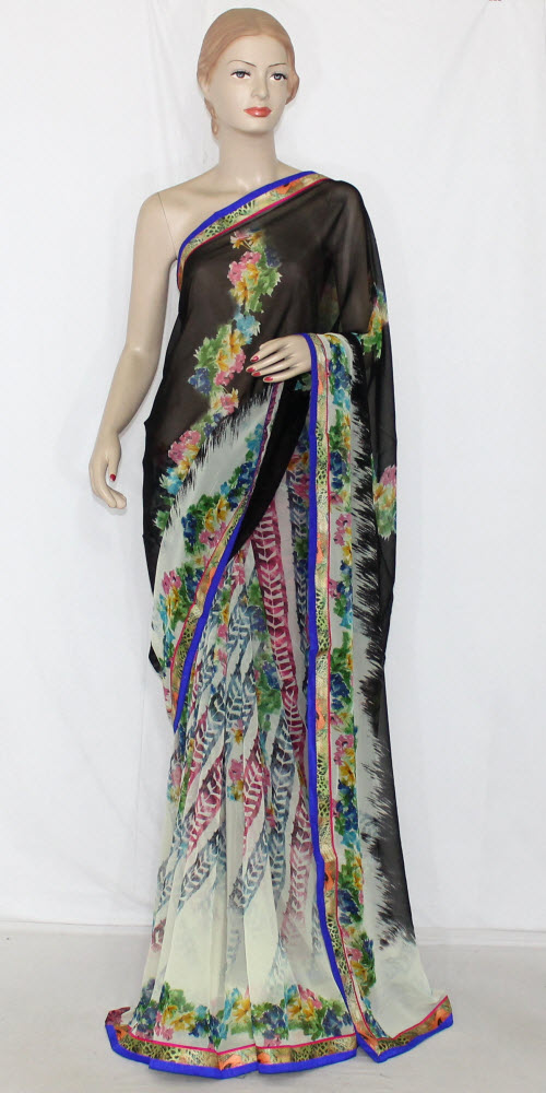 Cream-Black Printed Georgette Saree with Blouse