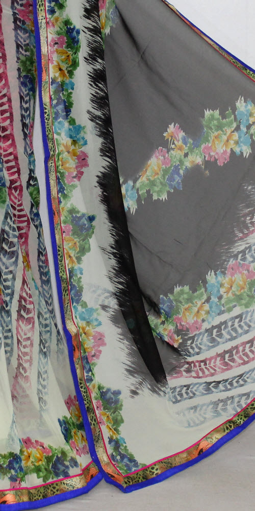 Cream-Black Printed Georgette Saree with Blouse