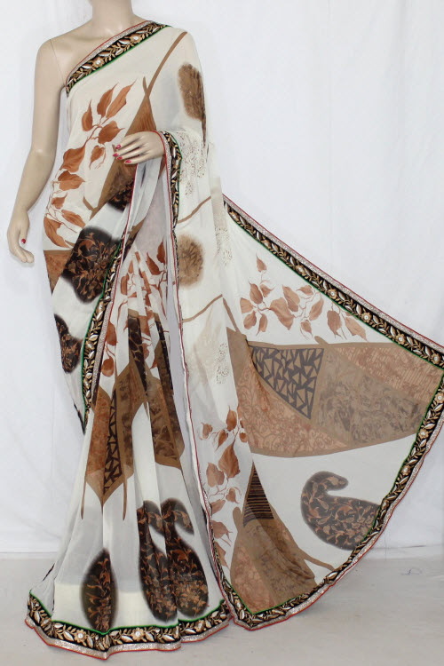 Cream-Brown Printed Georgette Saree with Blouse