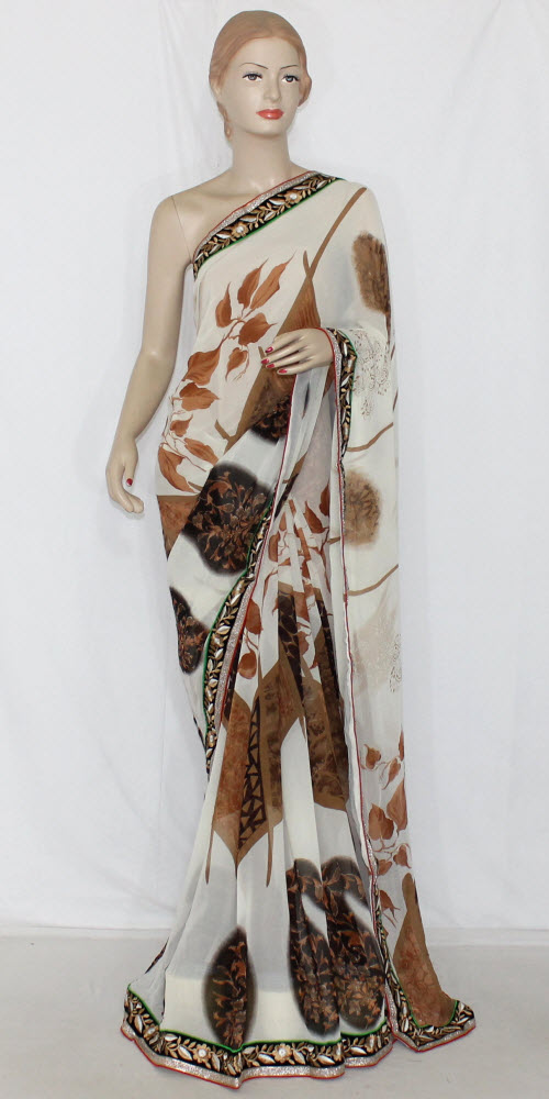 Cream-Brown Printed Georgette Saree with Blouse
