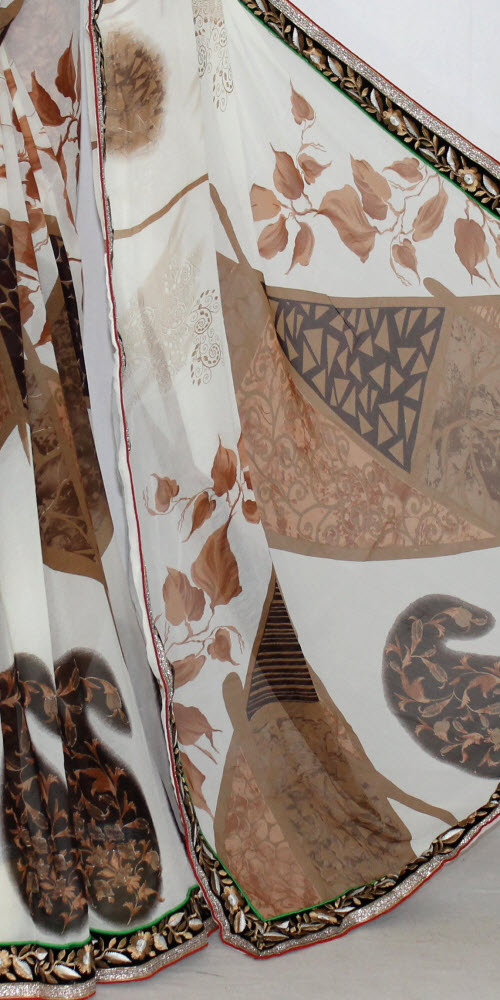 Cream-Brown Printed Georgette Saree with Blouse