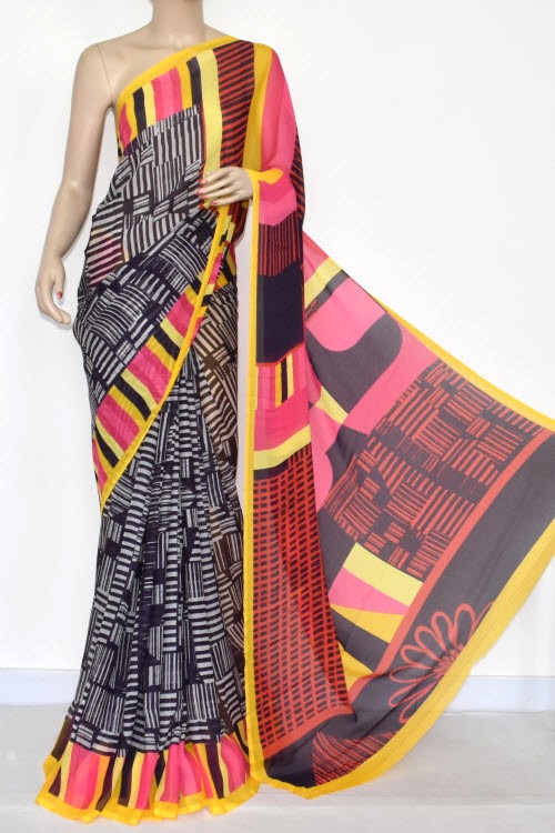 Black-White Wrinkle Free Georgette Saree with Blouse