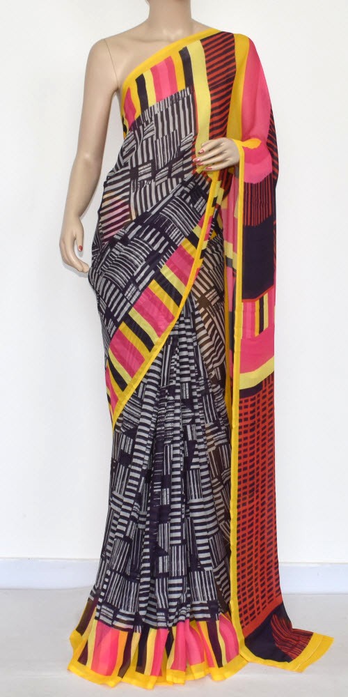 Black-White Wrinkle Free Georgette Saree with Blouse