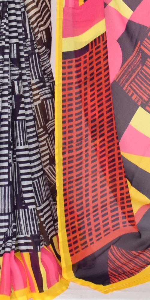 Black-White Wrinkle Free Georgette Saree with Blouse