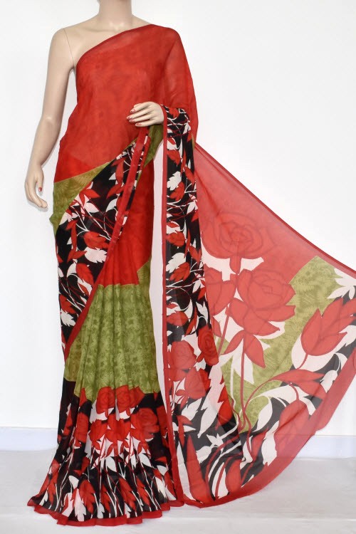 Red-Green Wrinkle Free Georgette Saree with Blouse